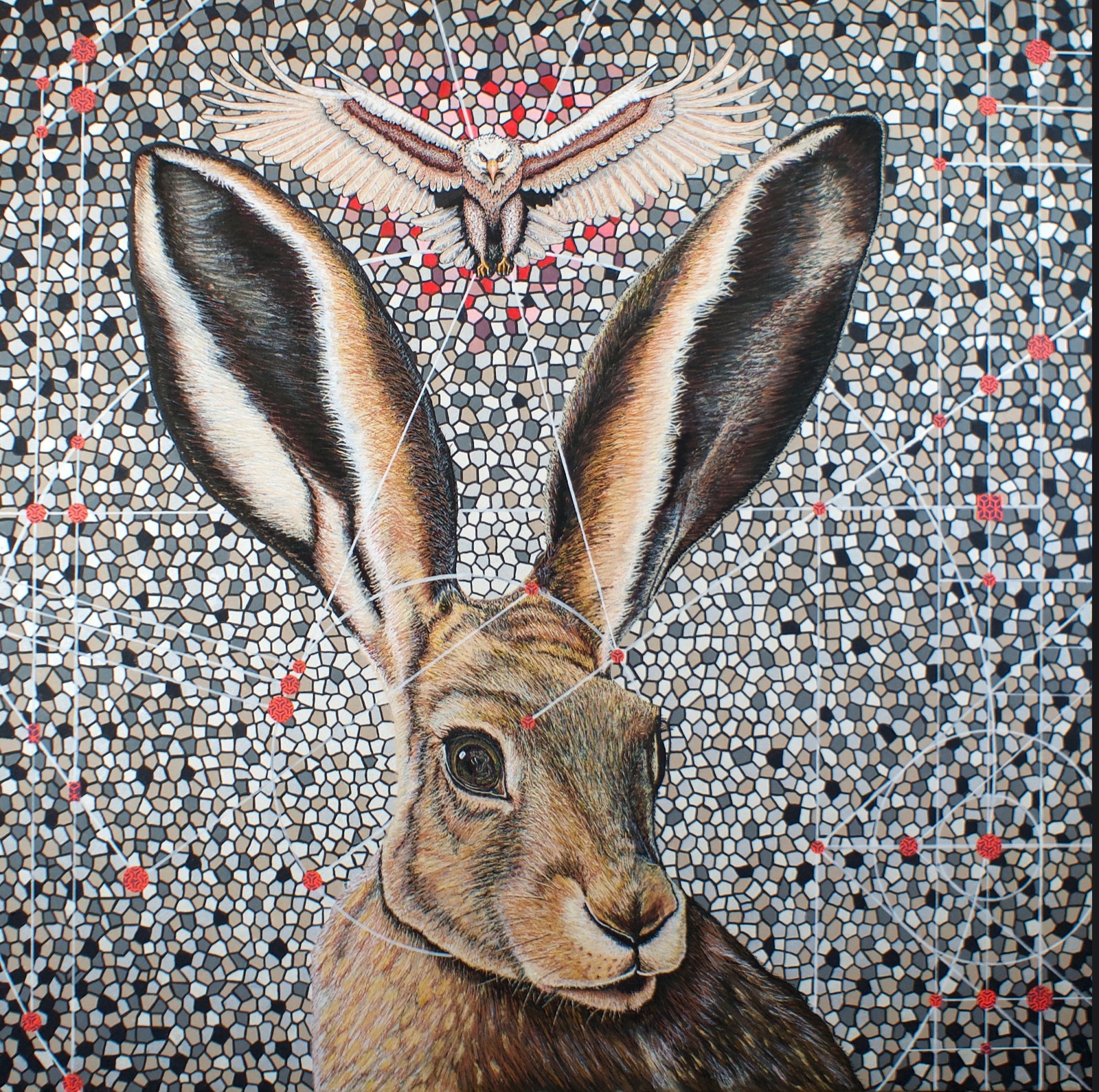 Before the Body Decides, Jared Trask’s painting of a Sonoran rabbit surrounded by fragmented fields, white pathways, and red nodes.